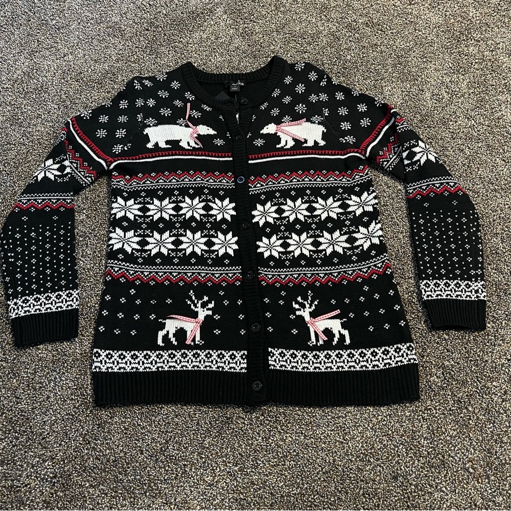 Erika women’s small NWT Christmas fair isle polar bear holiday black cardigan